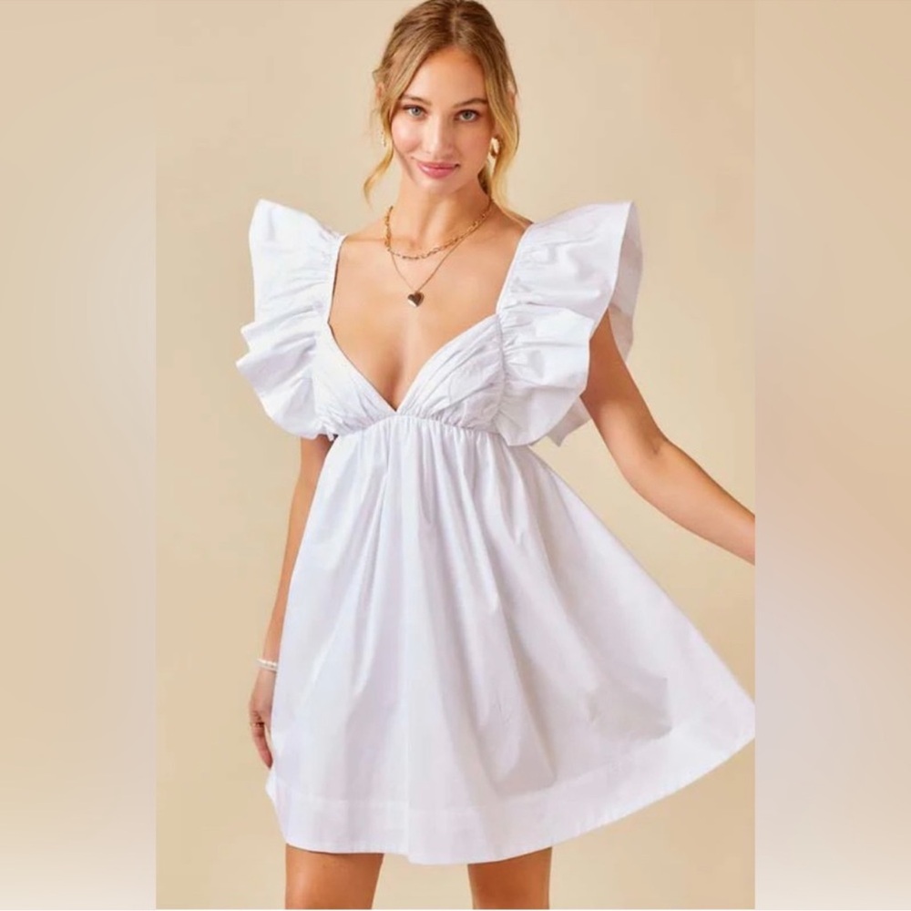 RUFFLE PUFFED SLEEVE DRESS WITH TIE BACK